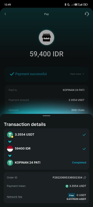 A Bitget Wallet payment confirmation screen shows a successful 59,400 IDR transaction at KOPINAN 24 PATI, paid with 3.3554 USDT on the BNB Chain network at no fee (0.017639 USDT gas) — illustrating how the user paid in crypto while the merchant receives local Rupiah.