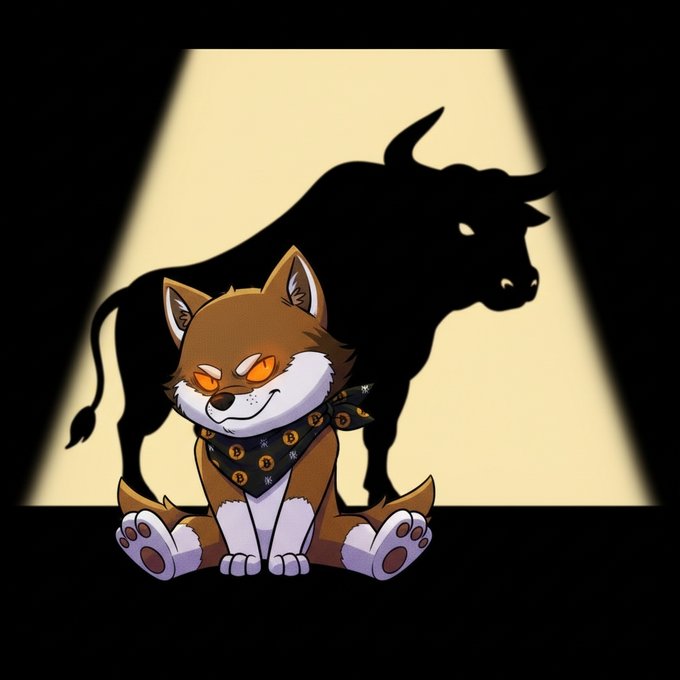 The image features a cartoon dog sitting next to a bull's shadow, with the bull positioned behind the dog. The background of the image is black, which contrasts with the white text that reads "Always a Bullish Wolf!". This phrase is written in yellow letters and is located at the bottom right corner of the image.