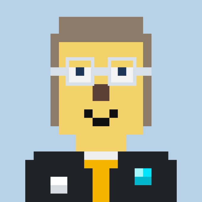 A pixel-art avatar of a yellow-skinned character with glasses, brown hair, and a black suit with a yellow tie, set against a light blue background.