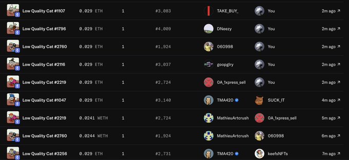 A screenshot of a cryptocurrency or NFT marketplace activity log, showing transactions of 'Low Quality Cat' items priced in ETH and WETH by various users.