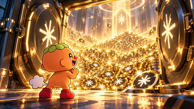 A cartoon orange character with green hair standing before an open treasure vault filled with glittering gold coins and glowing orbs marked with star symbols.