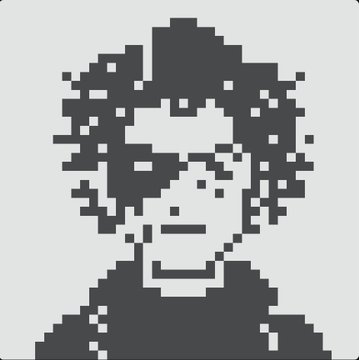 A pixel art portrait of a person with curly hair rendered in black and white tones.