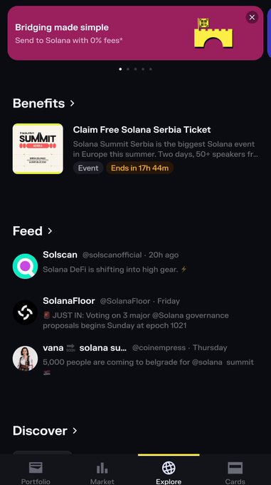 A mobile app screenshot showing an "Explore" tab with a "Bridging made simple" banner, a benefit to claim a free Solana Serbia Summit ticket, and a feed featuring posts from Solscan, SolanaFloor, and CoinEmpirepress.