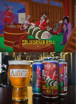 A Long Beach Beer Lab 'California Roll' sour ale, with a glass of the hazy beer shown next to the cans and cartoon artwork of foxes making sushi.