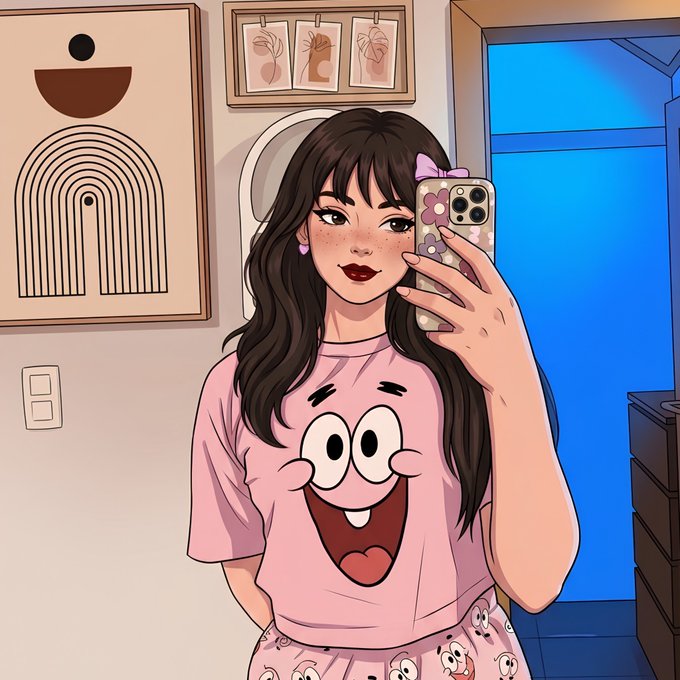A digital illustration shows a young woman with long dark hair taking a mirror selfie, wearing a pink t-shirt featuring a cartoon Patrick Star face design.