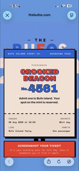 A mobile screenshot of thebufos.com showing a digital boarding pass for 'Bufo Island Ferry Co.' issued to 'CROOKED DEACON No.4561' on 28 Aug 2020, admitting one passenger to Bufo Island for mint day.