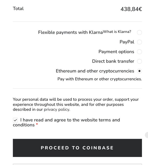 A checkout page showing a total of 438,84€, with payment options including Klarna, PayPal, and Ethereum/cryptocurrencies selected, featuring a 'PROCEED TO COINBASE' button.