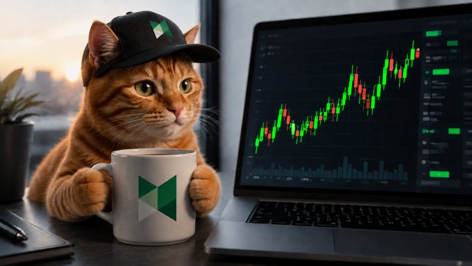 A ginger cat wearing a black cap featuring a green geometric logo holds a white mug with the same green diamond emblem, sitting next to a laptop displaying a green and red candlestick stock chart. The image playfully personifies the "$BNBCAT" token mentioned in the post, blending crypto culture with the classic "cat with mug" meme to evoke a meme-stock trading vibe.