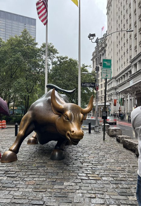 The iconic bronze Charging Bull statue located on a cobblestone street in New York City, with an American flag and city buildings visible in the background.