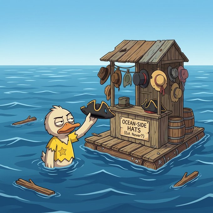 A cartoon illustration of a white duck wearing a yellow shirt with a star, standing in ocean water next to a wooden floating shack labeled 'OCEAN-SIDE HATS (Est. Never?)' that displays various hats and has wooden barrels on its platform.