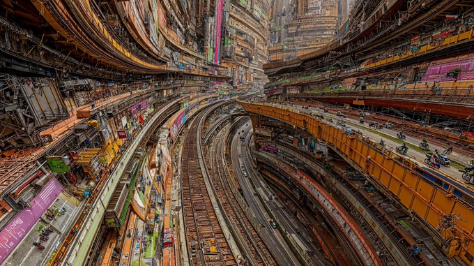 A surreal, distorted image shows a massive, curved urban infrastructure with multiple layers of roads, railways, and buildings.
