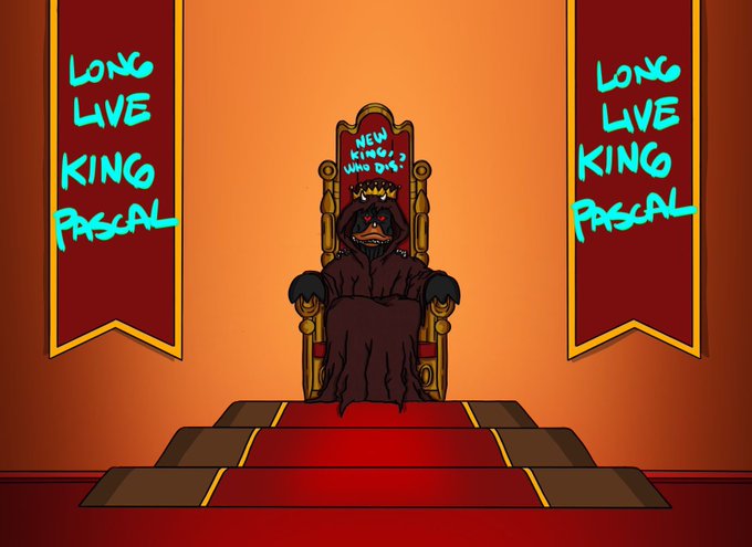 A cartoon black duck wearing a crown sits on a golden throne against an orange backdrop, flanked by two red banners reading "LONG LIVE KING PASCAL" in turquoise text, with a small sign above reading "NEW KING, WHO DIS?" — referencing the nostalgic Nonco Ducks lore mentioned in the post.