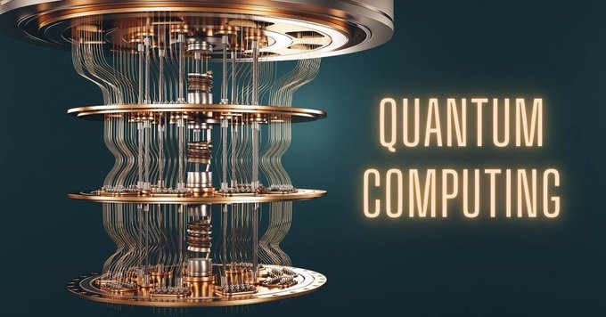 A 3D rendering of a complex copper-colored quantum computer mechanism with glowing text that reads 'QUANTUM COMPUTING' on a dark teal background.