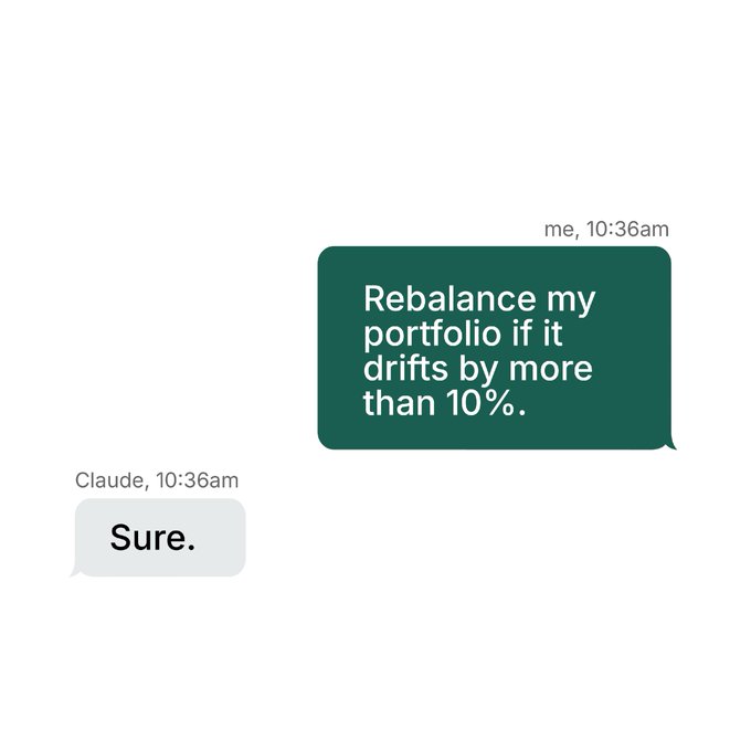 A chat message shows a user asking "Rebalance my portfolio of it drifts by more than 10%," to which "Claude" simply replies "Sure.", illustrating the post's announcement of Bitpanda's new AI agent integration that enables automated portfolio monitoring and rebalancing through conversational AI.