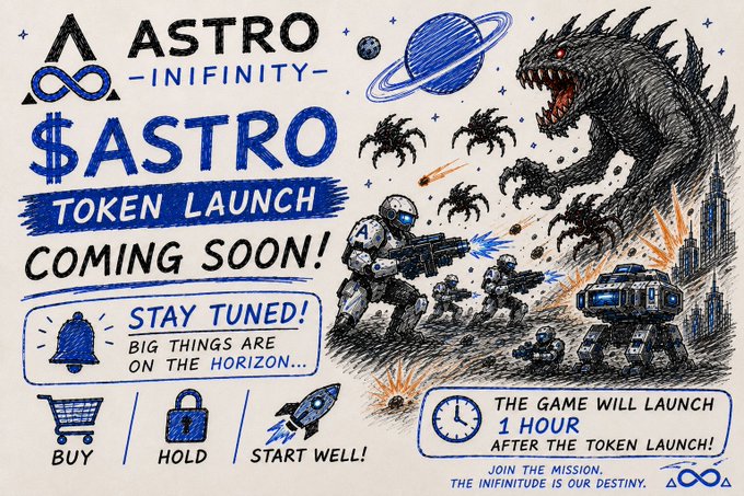 A hand-drawn style promotional illustration advertises the '$ASTRO TOKEN LAUNCH COMING SOON!' by 'ASTRO-INFINITY', featuring soldiers and tanks battling a Godzilla-like monster, with the message 'THE GAME WILL LAUNCH 1 HOUR AFTER THE TOKEN LAUNCH!' and a 'START WELL!' rocket icon.