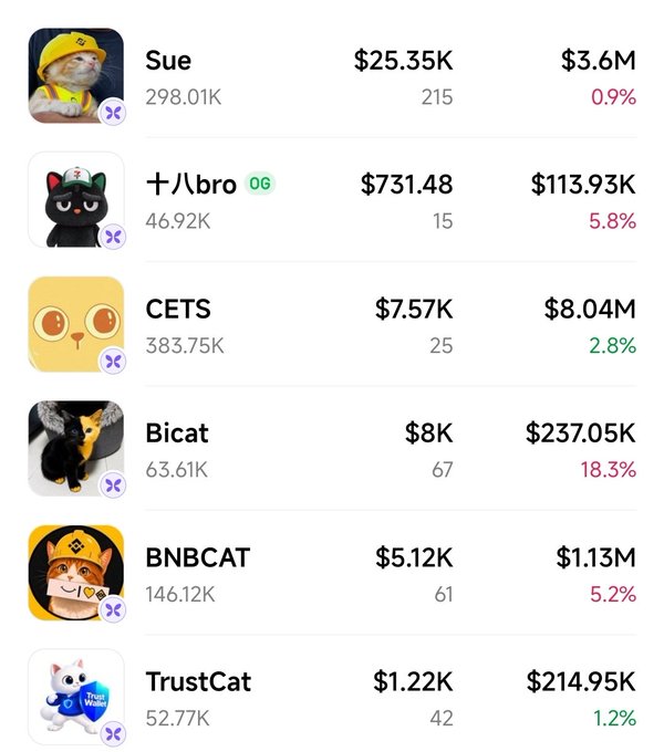 A Binance-style listing dashboard displays six cat-themed meme cryptocurrencies ranked by market data: Sue ($25.35K, $3.6M, 0.9%), 十八bro ($731.48, $113.93K, 5.8%), CETS ($7.57K, $8.04M, 2.8%), Bicat ($8K, $237.05K, 18.3%), BNBCAT ($5.12K, $1.13M, 5.2%), and TrustCat ($1.22K, $214.95K, 1.2%), each with follower counts and percentage changes shown in red or green, illustrating the speculation over which cat token Binance will feature next under its rumored "Meme Cat" tag.