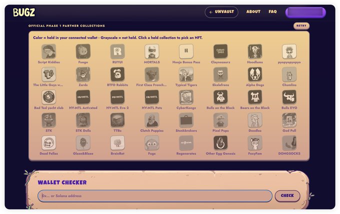The image shows the "BUGZ" official Phase 1 Partner Collections page on Unvault, displaying a grid of NFT collections like Script Kiddies, Pudgy, MORTALS, Claynosaurz, and CyberKongs, where colored squares indicate collections held in your wallet and grayscale ones are not. This relates to the post's mention of whitelist-checking tools becoming popular, as the page allows users to connect their wallet to verify which partner collections they hold for potential WL eligibility.