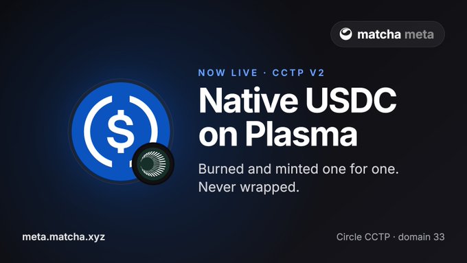 An advertisement for 'matcha meta' announcing 'NOW LIVE · CCTP V2 Native USDC on Plasma' with the tagline 'Burned and minted one for one. Never wrapped.' and the URL 'meta.matcha.xyz'.