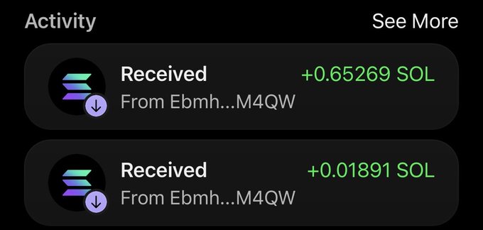 The image shows a cryptocurrency wallet activity feed displaying two incoming "Received" transactions of +0.65269 SOL and +0.01891 SOL from the same sender (Ebmh...M4QW). These small SOL deposits represent a free airdrop earned by holding an NFT, which the poster attributes to @Solgodsnfts and Solcity, with excitement about future compounding rewards.