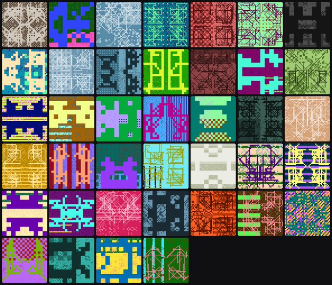 A grid of colorful pixel art tilesets featuring various sprites, structures, and patterns in bright colors like green, pink, purple, yellow, and blue.
