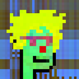A highly pixelated, low-resolution digital illustration of a yellow flower-like character with green stems and a face featuring red cheeks and mouth, set against a dark blue and brown background.