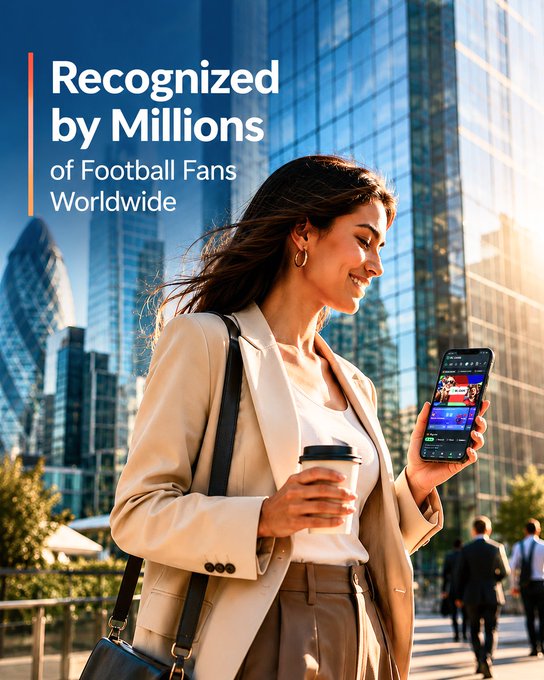 An advertisement showing a smiling woman in a tan blazer holding a coffee cup and smartphone in a modern city setting, with the text 'Recognized by Millions of Football Fans Worldwide'.