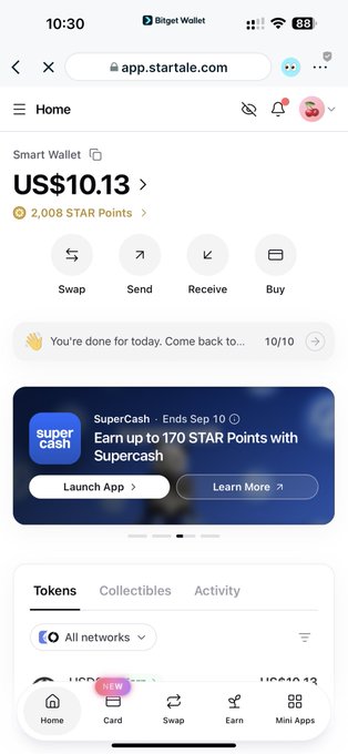 The image shows a smartphone screenshot of the Startale wallet app displaying a Smart Wallet balance of US$10.13 with 2,008 STAR Points earned, which aligns with the post celebrating the achievement of 2,000 STAR points on Startale through engaging with the Soneium ecosystem.