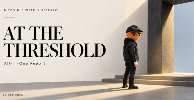 A Bitcoin weekly research report cover titled "AT THE THRESHOLD - All-in-One Report" dated 08 SEP 2026 shows a stylized figure wearing a Bitcoin-themed cap and hoodie standing in a sunlit architectural space.