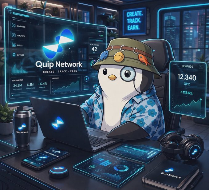 A promotional graphic for 'Quip Network' featuring a penguin mascot in a Hawaiian shirt and fishing hat, surrounded by tech gadgets, dashboards, and a reward counter showing '12,340 QPC'.