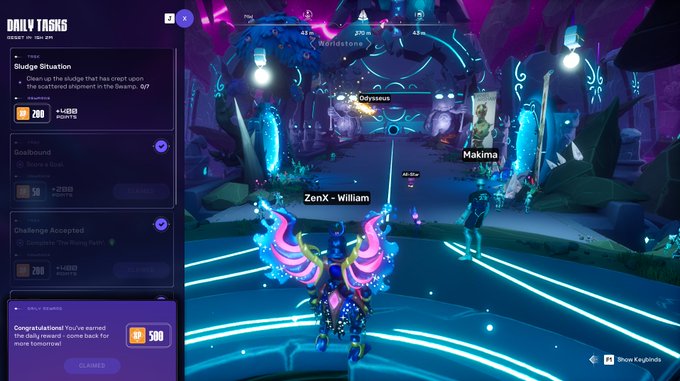 A screenshot from a colorful web3 video game showing a character named 'ZenX - William' with glowing wings in a neon-lit arena, with a 'DAILY TASKS' panel on the left showing completed challenges like 'Sludge Situation' and 'Challenge Accepted.'