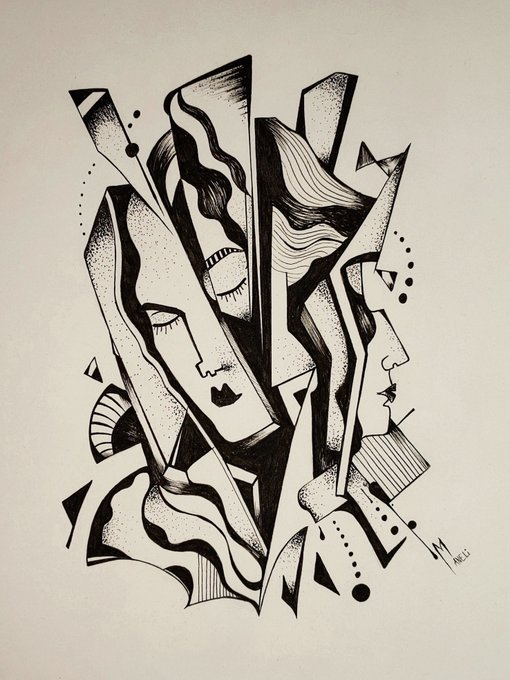 A black-and-white abstract illustration featuring fragmented, cubist-style faces and geometric shapes with dot work shading, signed by the artist.