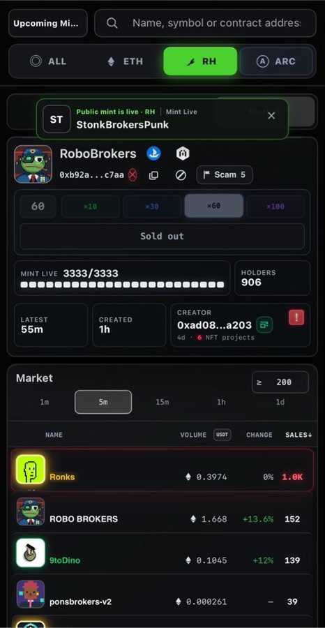 The image shows a Robinhood NFT marketplace page displaying the "RoboBrokers" collection, which has a contract address of 0xb92a...c7aa, a 13.6% increase, 152 sales, and is currently sold out with 906 holders. This relates to the post as it visually supports the claim about NFTs pumping significantly, showing RoboBrokers in the market rankings as an example of the recent collection gains during what appears to be a NFT season resurgence on Robinhood.