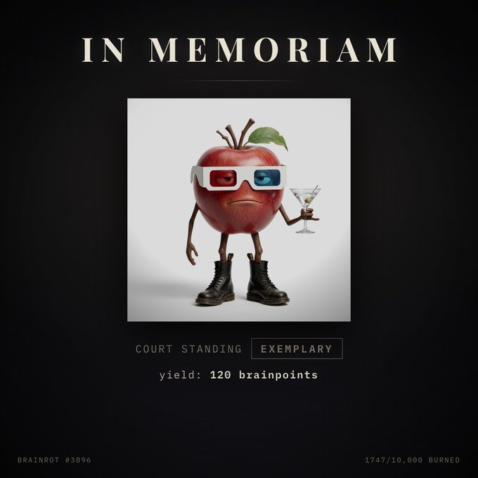 An 'IN MEMORIAM' tribute page featuring a character of an anthropomorphic red apple wearing 3D glasses and combat boots while holding a martini glass, with 'BRAINROT #3896' noted at the bottom.