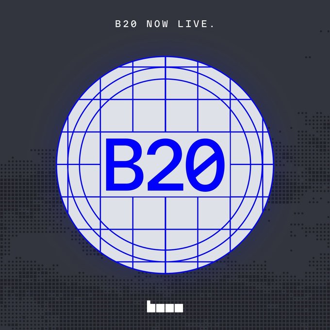 A graphic featuring a blue wireframe globe with 'B20' in bold blue letters across the center and the text 'B20 NOW LIVE.' at the top on a dark gray dotted background.