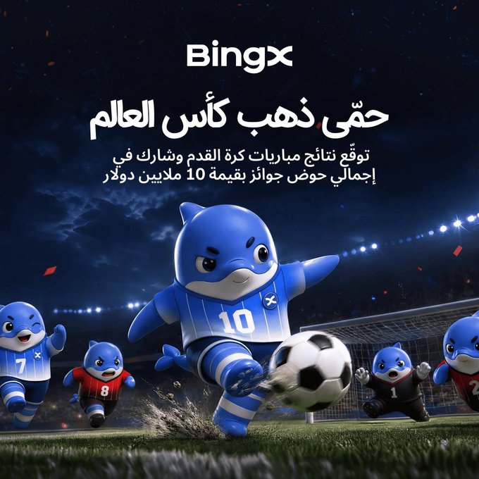 A BingX cryptocurrency exchange advertisement in Arabic featuring cartoon blue dolphins playing soccer, promoting World Cup match prediction prizes worth $10 million.