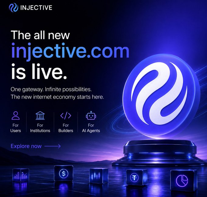 The promotional image announces "The all new injective.com is live" with the tagline "One gateway. Infinite possibilities. The new internet economy starts here," featuring categories for Users, Institutions, Builders, and AI Agents alongside icons representing charts, currency, and analytics. The visual reinforces the post's message by showcasing Injective's expanded scope beyond DeFi, highlighting its positioning as a multi-purpose financial infrastructure platform for diverse users including AI agents and institutions.