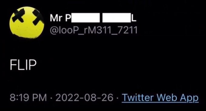 A screenshot of a Twitter/X post from user "Mr P___L" (@looP_rM311_7211) with a yellow X-eyed emoji profile picture, simply reading "FLIP" posted at 8:19 PM on 2022-08-26 via Twitter Web App. The post aligns with the accompanying "$XRP will ____ Bitcoin" prompt, with "FLIP" serving as the punchline to complete the phrase "$XRP will FLIP Bitcoin."