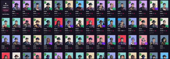 A grid of colorful NFT profile pictures displaying various characters like "KINGS," "MECH," "GENESIS," "VOX," and "ASTRO" with their respective prices in SOL, showcasing the visual diversity of NFT collections on the Solana blockchain. The image supports the post by visually demonstrating the wide variety of stylized digital art available in the Solana NFT ecosystem.