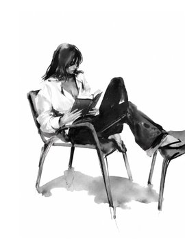 A loose black-and-white ink or charcoal sketch of a person seated in a chair, leaning forward with their head resting on their arms.