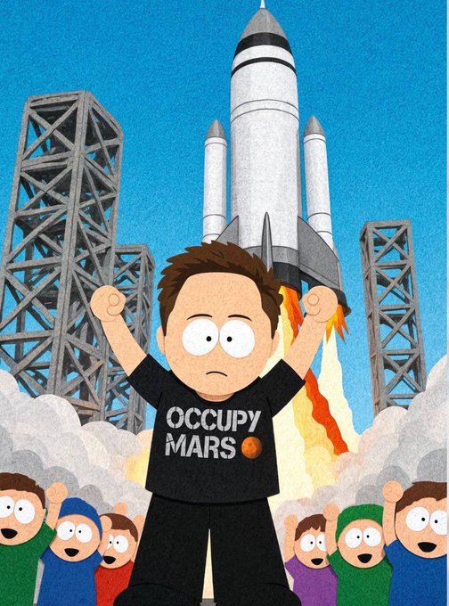 A cartoon-style illustration depicts a character resembling Elon Musk wearing a black shirt reading 'OCCUPY MARS' with raised fists in front of a launching rocket and cheering crowd.