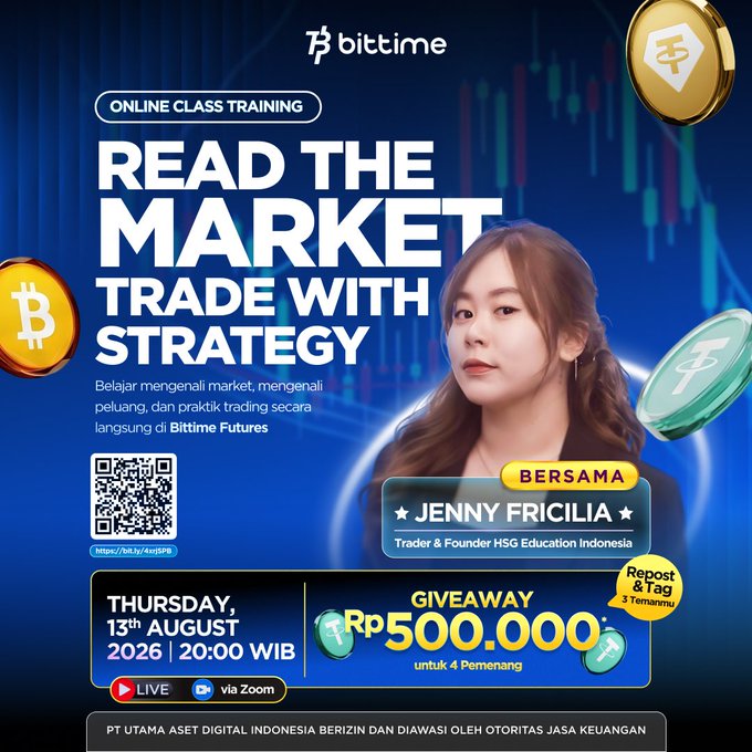 A promotional poster for a Bittime online class titled 'READ THE MARKET TRADE WITH STRATEGY' featuring Jenny Fricilia, scheduled for August 13th 2026, with a giveaway of Rp500.000 for 4 winners.