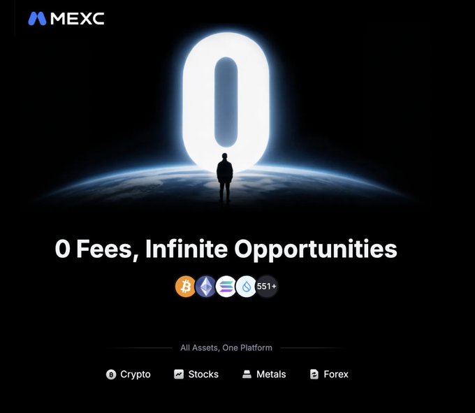 A MEXC cryptocurrency exchange advertisement featuring a silhouetted figure standing before a glowing '0' with the text '0 Fees, Infinite Opportunities' and 'All Assets, One Platform' displaying crypto, stocks, metals, and forex options.