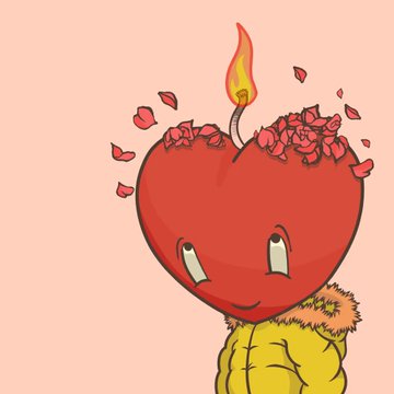 A cartoon illustration depicts a red, heart-shaped character with a face, a candle flame on top, a yellow body, and pink rose petals bursting from its crown against a pink background.