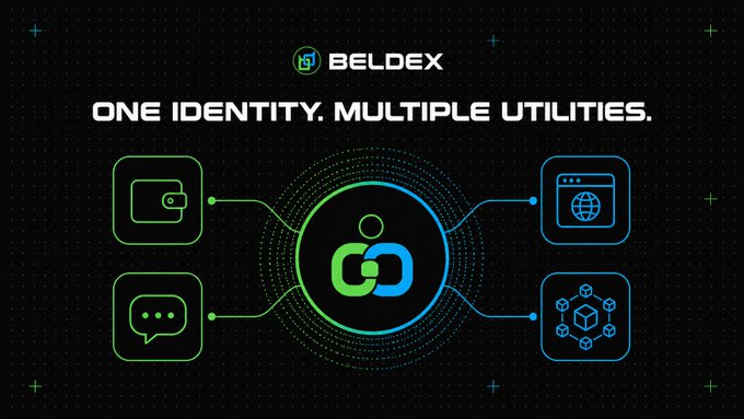 The image is a promotional graphic for **BELDEX** with the tagline "ONE IDENTITY. MULTIPLE UTILITIES," showcasing a central logo connected to icons representing a wallet, browser, messaging, and dApps. The graphic reinforces the post's point by illustrating how Beldex offers a unified ecosystem where privacy-preserving tools (transactions, browsing, communication, and applications) all operate under one identity—unlike competing privacy chains that silo users into a single, limited use case.