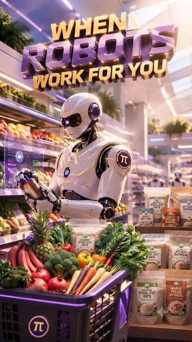 A humanoid robot with a "π" logo pushes a cart full of fresh produce in a grocery store, beneath the bold text "WHEN ROBOTS WORK FOR YOU." The image visually brings to life the post's vision of a Pi-driven ecosystem where automation handles everyday tasks like shopping and delivery with a simple tap.