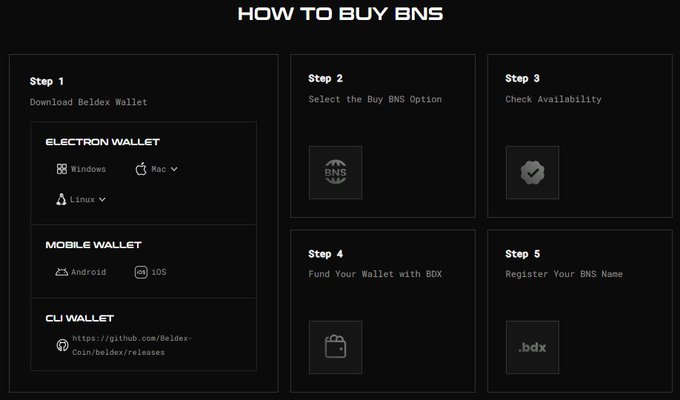 An infographic titled 'HOW TO BUY BNS' outlining a 5-step process including downloading Beldex Wallet and selecting the Buy BNS option.