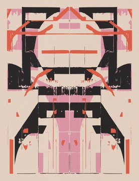 An abstract symmetrical geometric artwork in pink, black, white, and orange tones with vertical drips resembling paint.