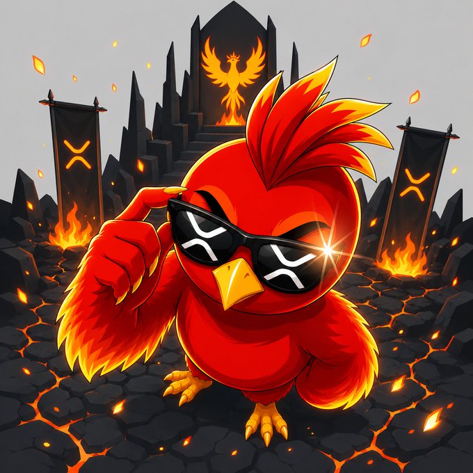 A fiery red phoenix wearing sunglasses stands confidently in a volcanic landscape with a phoenix emblem glowing on a dark castle behind it, flames and banners with X-like symbols surrounding it—visually reinforcing the "$PHNIX" ticker and the post's theme of an unbreakable, rising spirit.