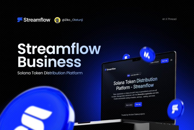 A promotional graphic for 'Streamflow Business' by @Ziko_Olatunji, a Solana Token Distribution Platform, displayed on a computer monitor with 3D blue logo spheres in the foreground against a dark blue background.