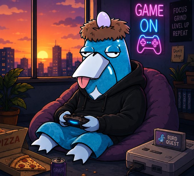 An illustrated blue bird-like character wearing a fur hat and black hoodie plays video games on a bean bag, with a neon "GAME ON" sign, a "BIRD QUEST" game box, and pizza nearby.